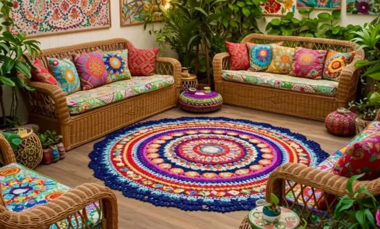 Ambiente com decoração maximalista no crochĂȘ, com almofadas, tapete e quadros vibrantes, misturando cores e texturas.