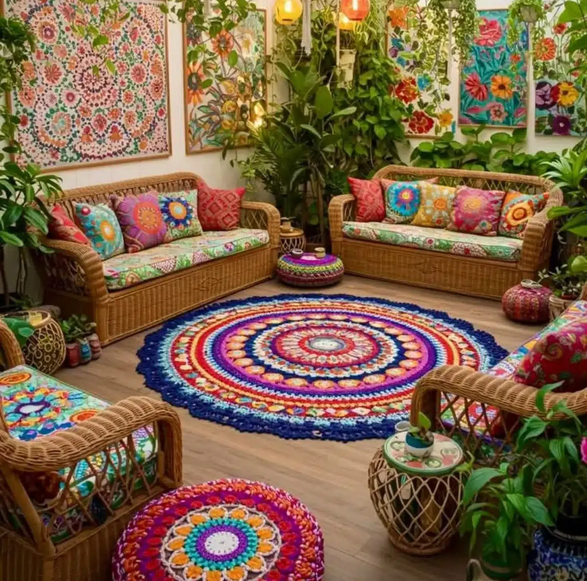 Ambiente com decoração maximalista no crochê, com almofadas, tapete e quadros vibrantes, misturando cores e texturas.