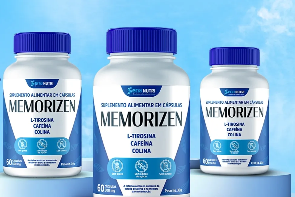 Frascos do suplemento natural Memorizen, com ingredientes L-Tirosina, Cafeína e Colina para auxiliar na melhora da memória