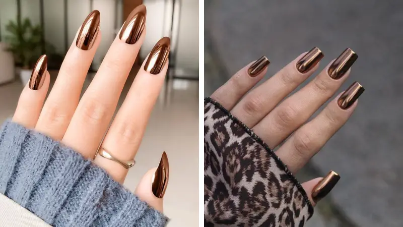 Unhas metalizadas em tom Mocha Mousse, criando um visual elegante e moderno
