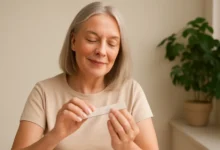 Mulher madura cuidando das unhas com uma lixa, mostrando atenção e cuidado na saúde das unhas