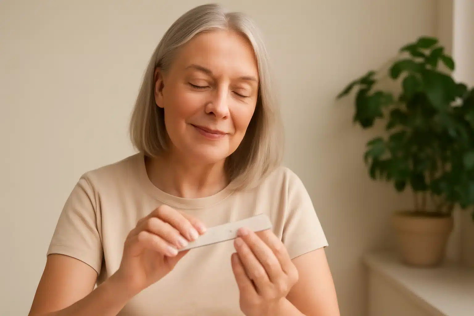 Mulher madura cuidando das unhas com uma lixa, mostrando atenção e cuidado na saúde das unhas