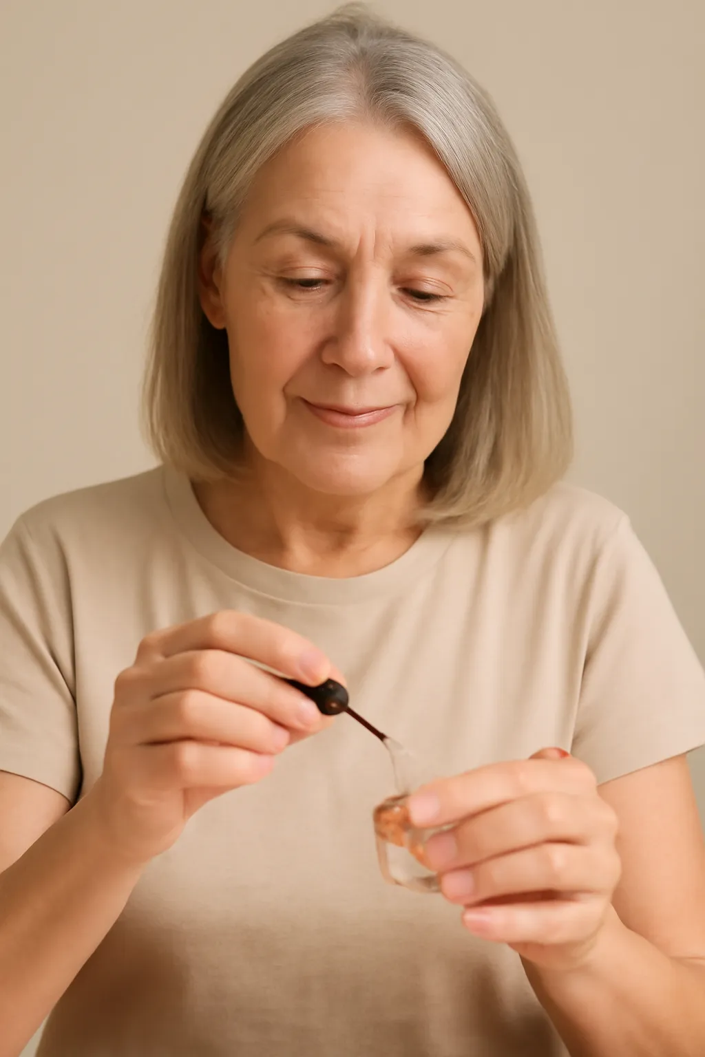 Mulher madura aplicando esmalte transparente nas unhas, cuidando da saúde das unhas