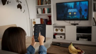 Jovem mulher controlando TV inteligente com tablet em sala moderna