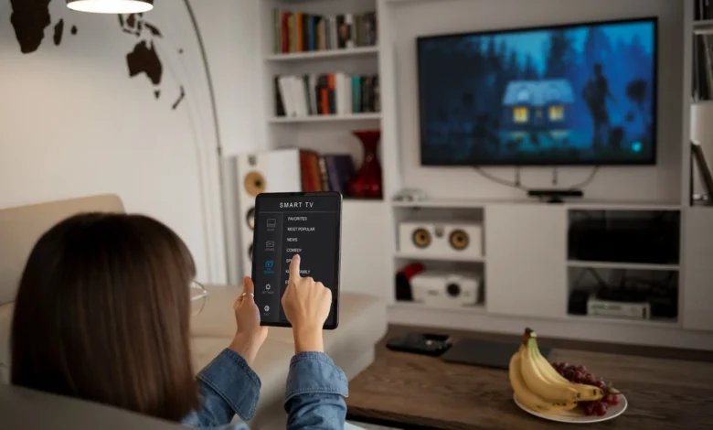 Jovem mulher controlando TV inteligente com tablet em sala moderna