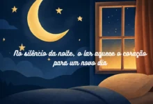 Mensagem de boa noite com ilustração de quarto e céu estrelado, transmitindo aconchego e esperança