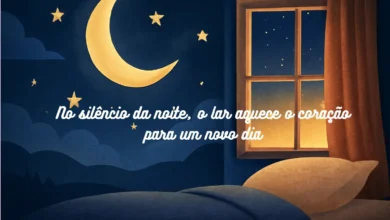 Mensagem de boa noite com ilustração de quarto e céu estrelado, transmitindo aconchego e esperança