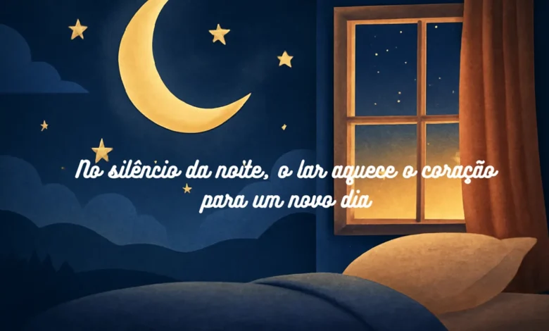 Mensagem de boa noite com ilustração de quarto e céu estrelado, transmitindo aconchego e esperança