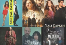 Cartaz com várias novelas turcas famosas, mostrando personagens principais em poses marcantes.