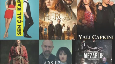 Cartaz com várias novelas turcas famosas, mostrando personagens principais em poses marcantes.
