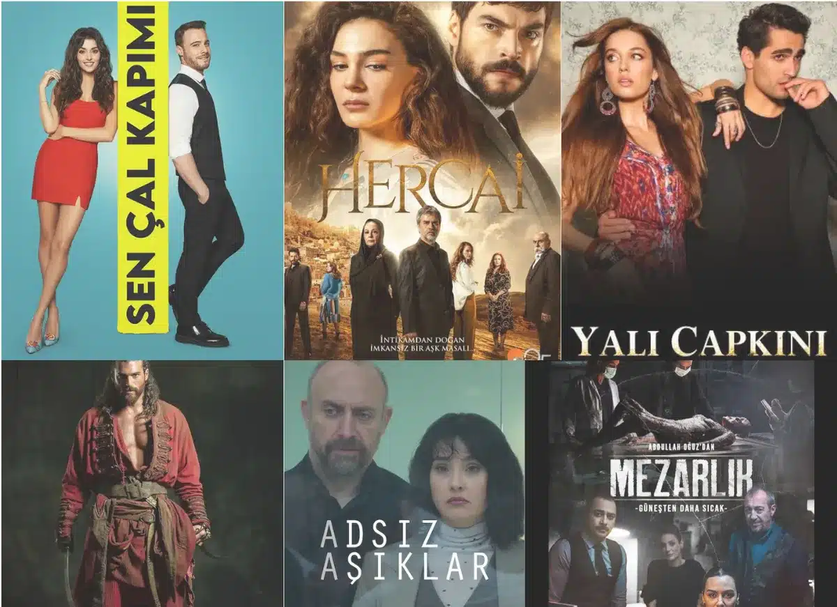 Cartaz com várias novelas turcas famosas, mostrando personagens principais em poses marcantes.