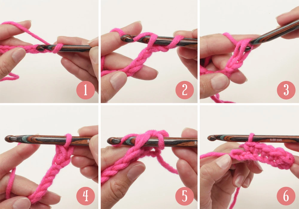 Tutorial passo a passo para fazer ponto baixo em crochê com linha rosa e agulha de madeira