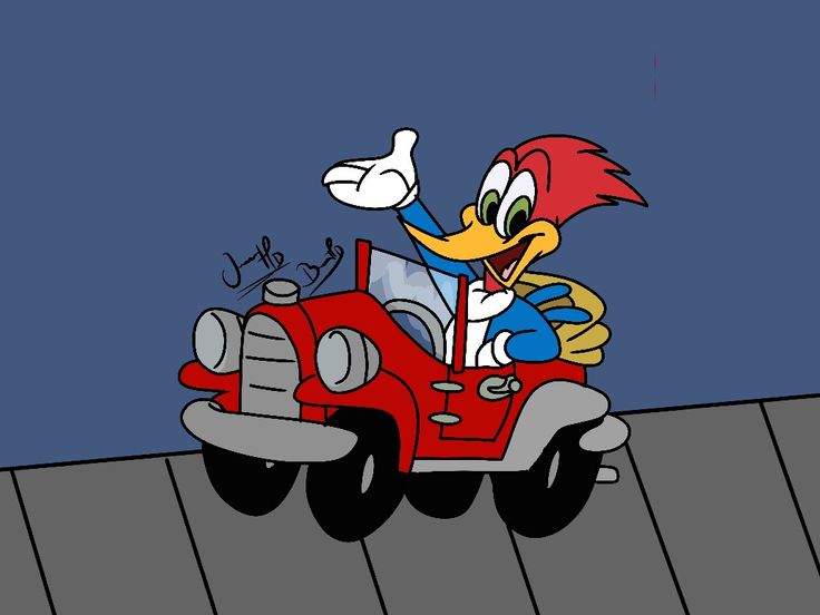 Pica-Pau no volante de um carro vermelho, acenando com entusiasmo enquanto vai em direção à sua próxima travessura.
