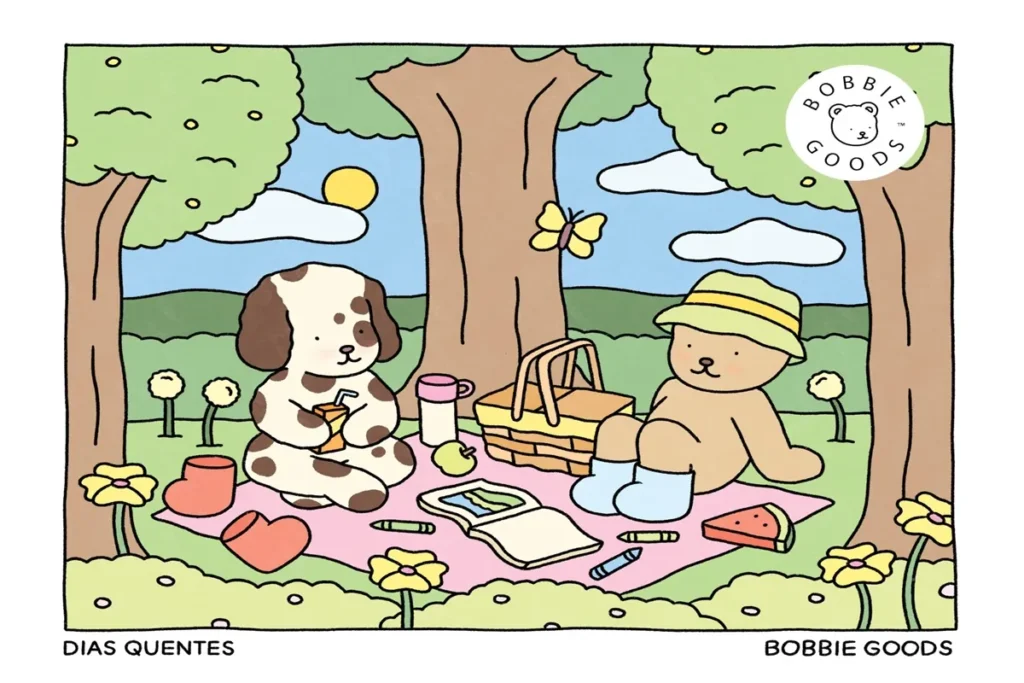 Cena fofa de um piquenique entre um ursinho e um cachorrinho, com livros de colorir e itens de verão no gramado