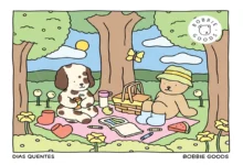 Cena fofa de um piquenique entre um ursinho e um cachorrinho, com livros de colorir e itens de verão no gramado