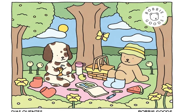 Cena fofa de um piquenique entre um ursinho e um cachorrinho, com livros de colorir e itens de verão no gramado