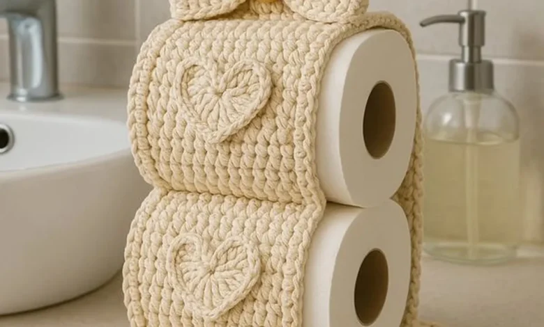 Porta-papel higiênico de crochê com dois rolos decorado com laço e corações