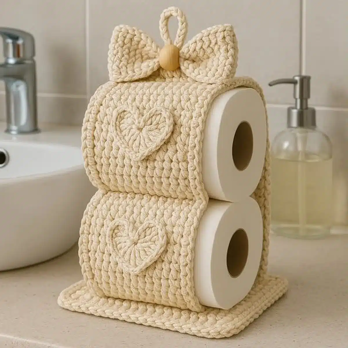 Porta-papel higiênico de crochê com dois rolos decorado com laço e corações