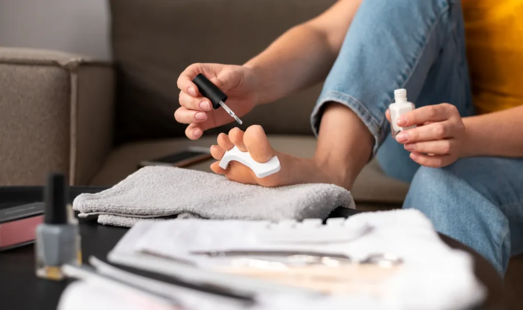 Pessoa aplicando esmalte nos pés em casa