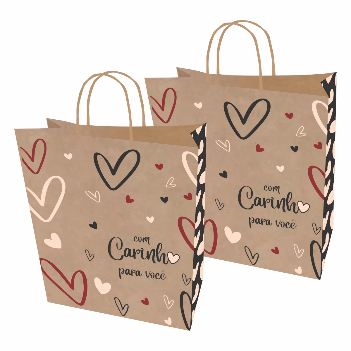 Sacolas de papel kraft com estampa de corações e mensagem "com carinho para você" - embalagem rústica e sustentável para apresentação de crochê.