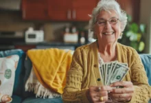 Idosa sorridente segurando dinheiro em casa, representando independência financeira na terceira idade