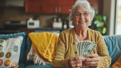 Idosa sorridente segurando dinheiro em casa, representando independência financeira na terceira idade