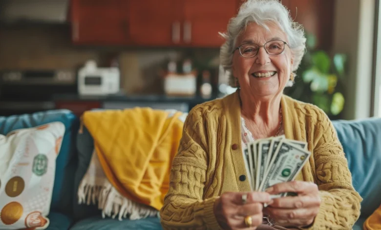 Idosa sorridente segurando dinheiro em casa, representando independência financeira na terceira idade