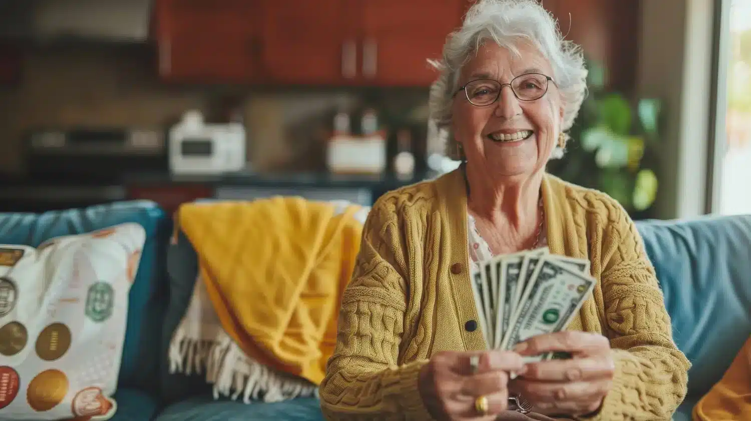 Idosa sorridente segurando dinheiro em casa, representando independência financeira na terceira idade