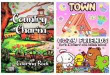Capas coloridas de livros de colorir com temas variados, incluindo "Country Charm", "Town" e "Cozy Friends"