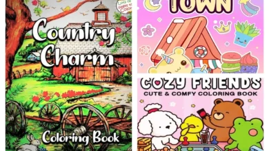 Capas coloridas de livros de colorir com temas variados, incluindo "Country Charm", "Town" e "Cozy Friends"