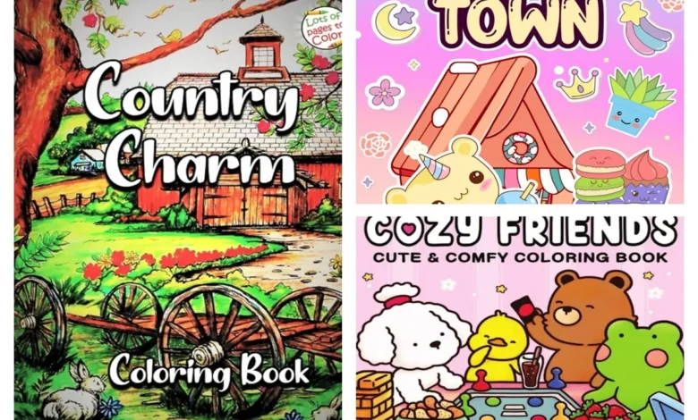 Capas coloridas de livros de colorir com temas variados, incluindo "Country Charm", "Town" e "Cozy Friends"