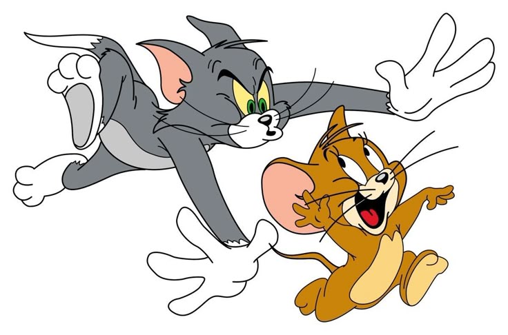 Tom e Jerry em uma perseguição animada, destacando a clássica rivalidade entre gato e rato