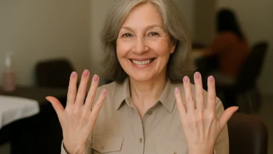 Mulher sorrindo e mostrando suas mãos com unhas bem cuidadas, em uma elegante tonalidade de rosa, destacando estilo e sofisticação para mulheres acima de 50 anos.