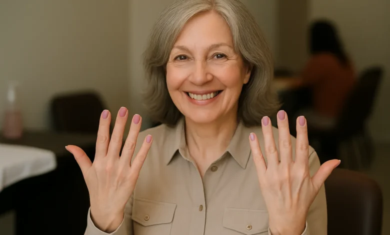 Mulher sorrindo e mostrando suas mãos com unhas bem cuidadas, em uma elegante tonalidade de rosa, destacando estilo e sofisticação para mulheres acima de 50 anos.
