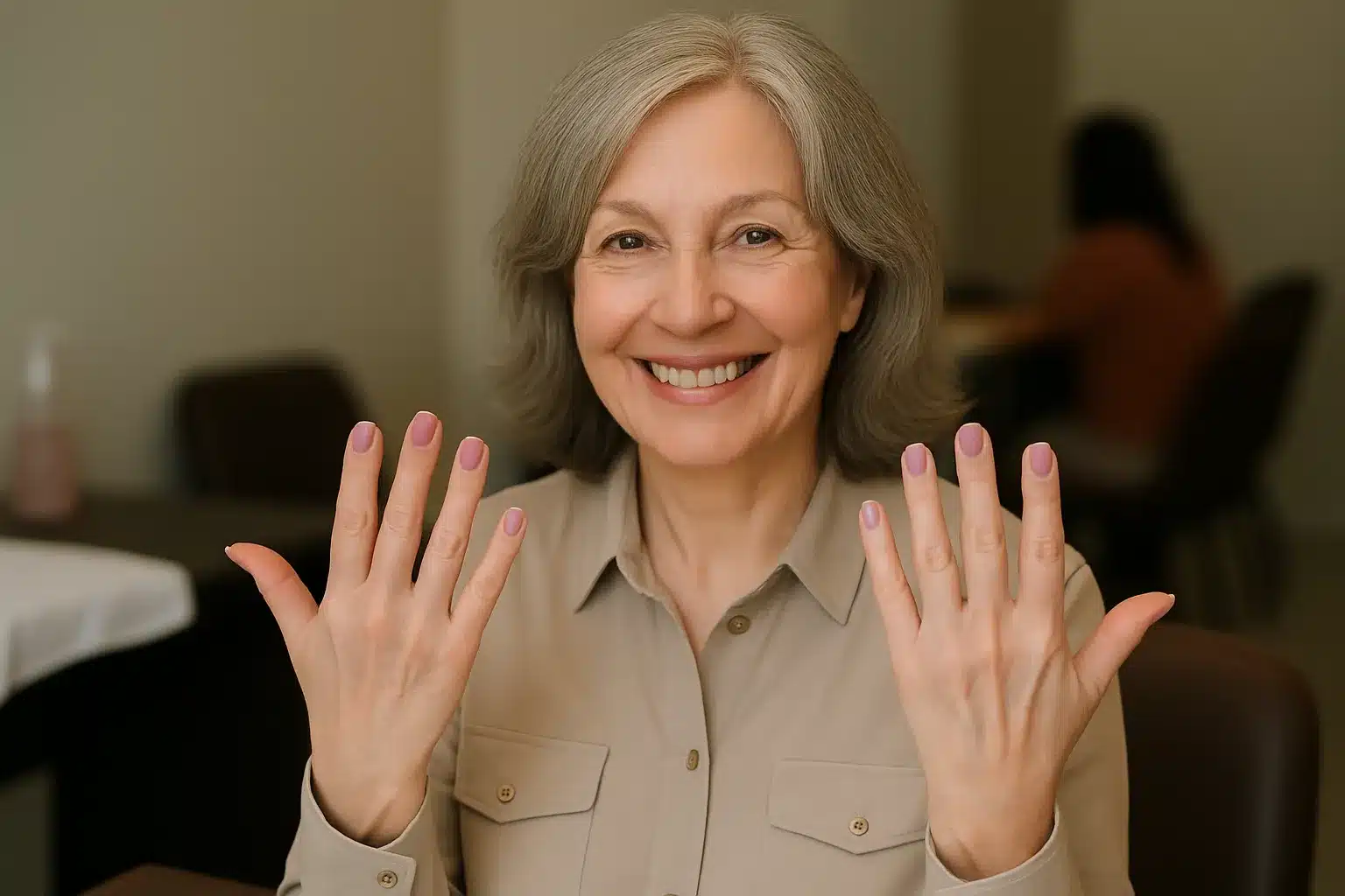 Mulher sorrindo e mostrando suas mãos com unhas bem cuidadas, em uma elegante tonalidade de rosa, destacando estilo e sofisticação para mulheres acima de 50 anos.