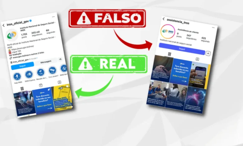 Alerta urgente do INSS mostrando perfis falso e real no Instagram para aposentados e pensionistas.