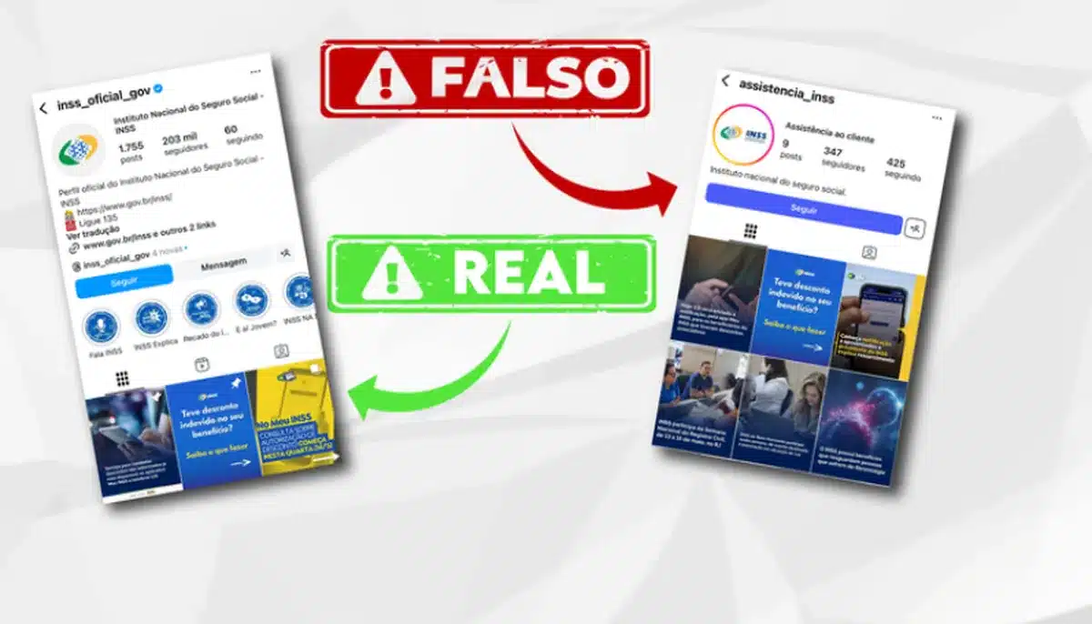 Alerta urgente do INSS mostrando perfis falso e real no Instagram para aposentados e pensionistas.