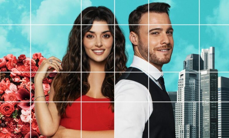Casal de protagonistas de novela turca com fundo de flores e edifÃcios urbanos