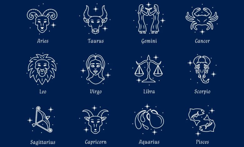 Ilustração dos 12 signos do zodíaco sobre fundo azul escuro