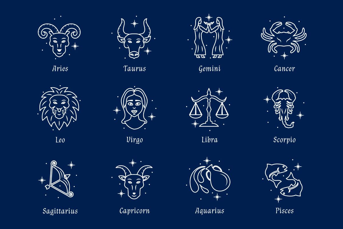 Ilustração dos 12 signos do zodíaco sobre fundo azul escuro