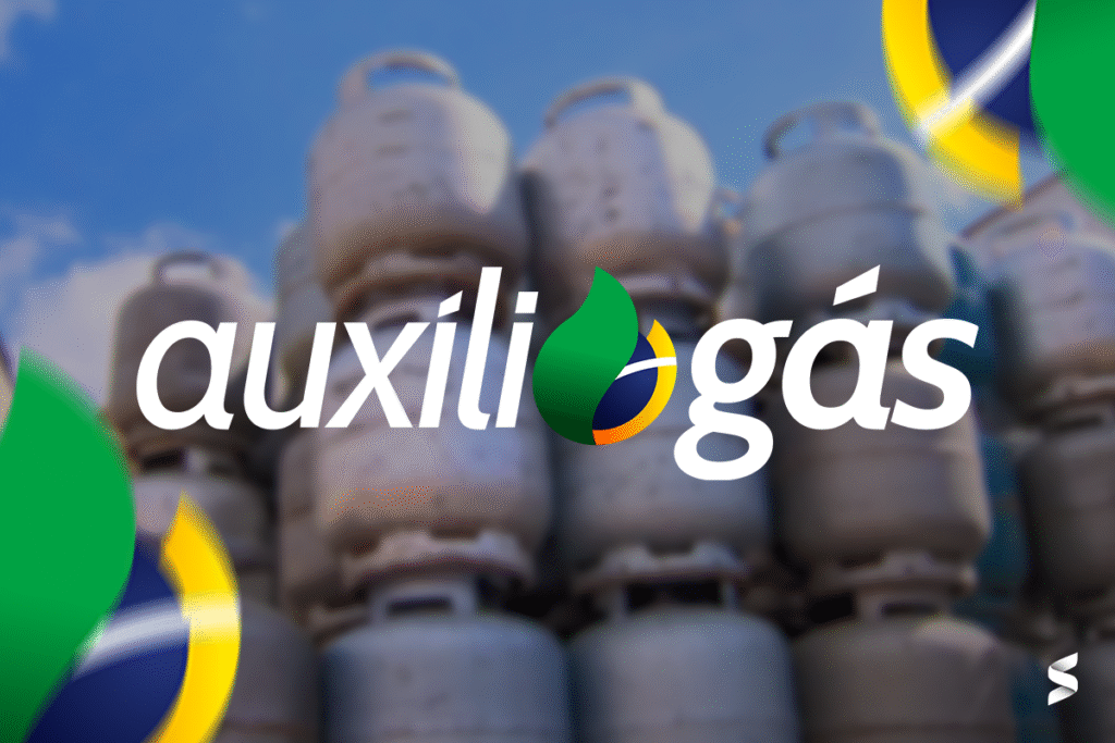 Logo do Auxílio Gás sobreposto a uma imagem desfocada de botijões de gás, indicando o retorno dos pagamentos em junho de 2025.