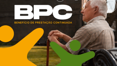 Imagem de um idoso com bengala, simbolizando o BPC LOAS, com destaque para o texto 'BPC - Benefício de Prestação Continuada'.