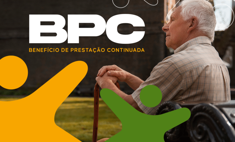 Imagem de um idoso com bengala, simbolizando o BPC LOAS, com destaque para o texto 'BPC - Benefício de Prestação Continuada'.