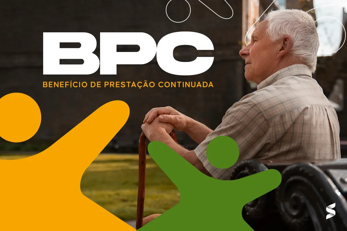 Pessoa idosa segurando uma bengala com fundo colorido representando o BPC, Benefício de Prestação Continuada.