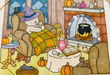 Ilustração encantadora de uma cena de outono com uma mascote relaxando ao lado da lareira, rodeada por gatos e elementos decorativos, representando o estilo artístico único de Abbie Goveia da Bobbie Goods.