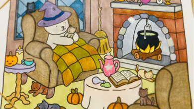 Ilustração encantadora de uma cena de outono com uma mascote relaxando ao lado da lareira, rodeada por gatos e elementos decorativos, representando o estilo artístico único de Abbie Goveia da Bobbie Goods.