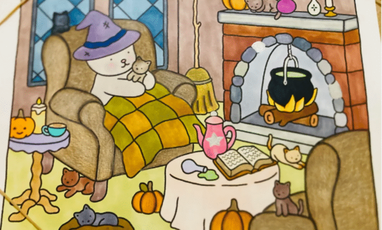 Ilustração encantadora de uma cena de outono com uma mascote relaxando ao lado da lareira, rodeada por gatos e elementos decorativos, representando o estilo artístico único de Abbie Goveia da Bobbie Goods.