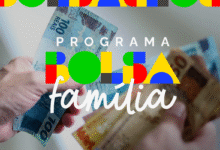 Imagem do programa Bolsa Família com cédulas de dinheiro ao fundo e logo colorida