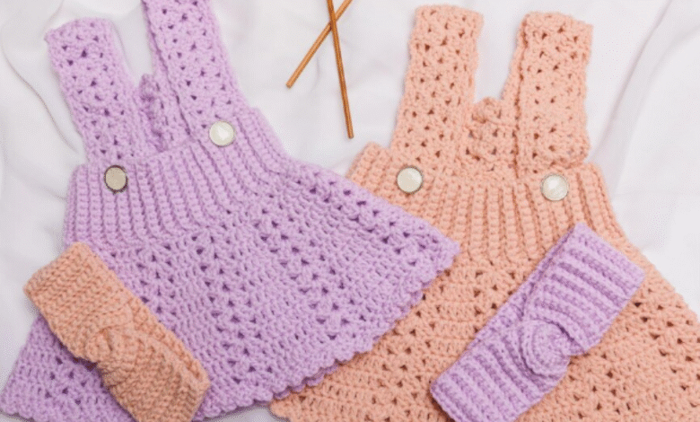 Dois vestidos de crochĂȘ infantil em tons pastel lilĂĄs e salmĂŁo com faixas combinando