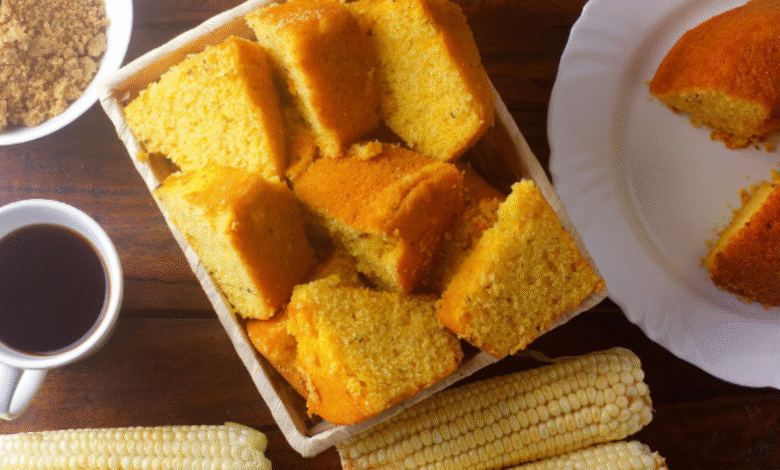 Fatias de bolo de fubá com goiabada servidas em cesta de palha, acompanhadas de café e espigas de milho